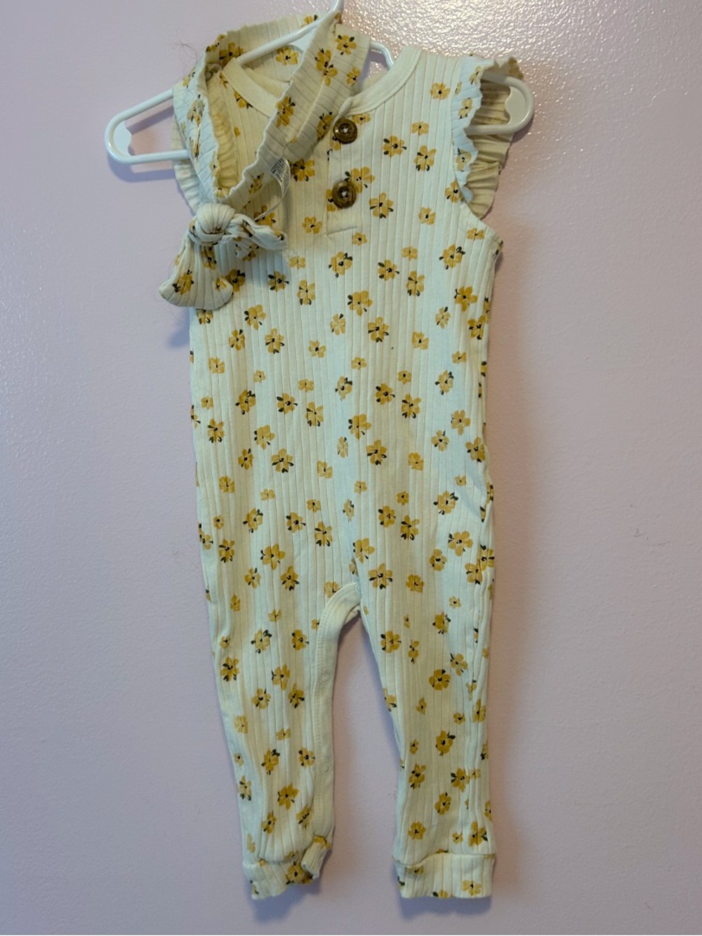 Willow + Whimsy Yellow Floral Ribbed Jumpsuit and Bow Sz 18 Mo
